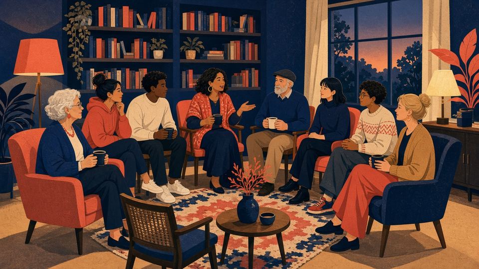 A community circle in a living room: people of different ages sitting together and talking over tea.